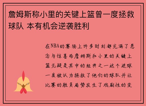 詹姆斯称小里的关键上篮曾一度拯救球队 本有机会逆袭胜利 詹姆斯称小里的关键上篮曾一度拯救球队 本有机会逆袭胜利